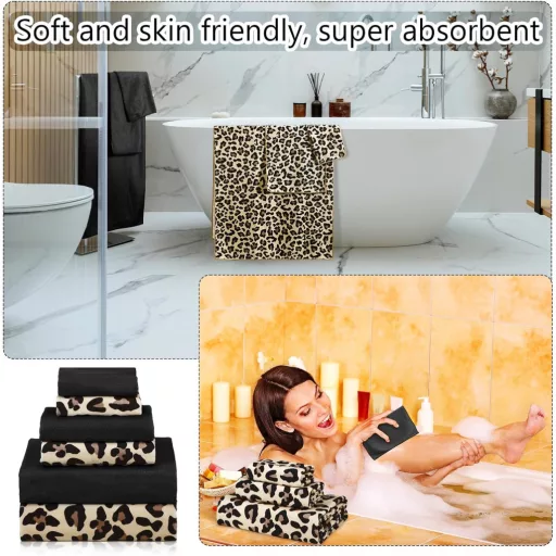 Yoande 6 részes fürdőszobai törülköző szett, barna leopárd és fekete, puha és nedvszívó - Brown Leopard Print and Black