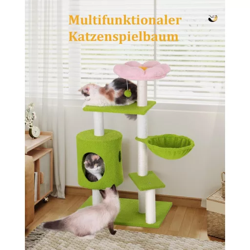 Aechonow 104 cm macskakaparó torony virágmintás, többszintes macskavár hálóval és barlangokkal