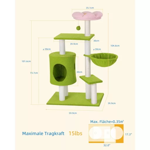 Turn pisică cu model floral Aechonow, 104 cm, castel pisicesc pe mai multe nivele cu plasă și peșteri