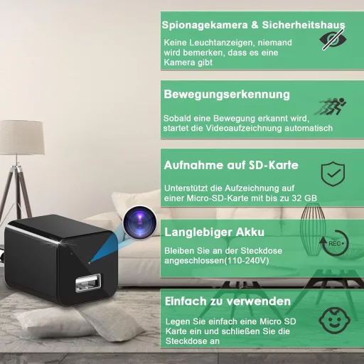 KAMREA Bezpečnostná kamera HD 1080P Mini skrytá kamera USB nabíjačka s maskovaním Detekcia pohybu Nepretržité nahrávanie Monitorovanie kancelárie a domácnosti