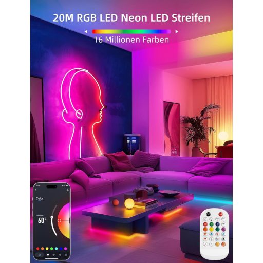 Bandă LED RGB Lamomo 20m - 24V Neon LED rezistentă la apă cu control prin aplicație - Iluminare ambientală cu sincronizare la muzică pentru living, dormitor