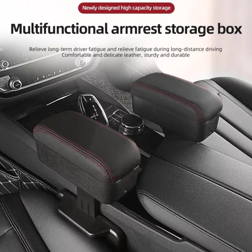 Cotieră Auto Universală Qirc - Suport de Braț Reglabil pe Înălțime cu Suport pentru Pahare, Perna Confortabilă și Compartiment de Depozitare, Negru