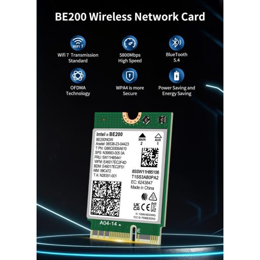NICGIGA Intel BE200 WiFi 7 Vezeték Nélküli Kártya, Bluetooth 5.4, 5800Mbps M.2/NGFF, Windows 10/11 Kompatibilis, AMD Nem Támogatott