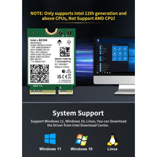 NICGIGA Intel BE200 WiFi 7 Vezeték Nélküli Kártya, Bluetooth 5.4, 5800Mbps M.2/NGFF, Windows 10/11 Kompatibilis, AMD Nem Támogatott