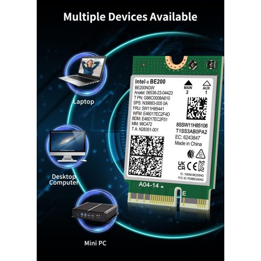 Placă Wireless NICGIGA Intel BE200 WiFi 7, Bluetooth 5.4, 5800Mbps M.2/NGFF, Compatibilă Windows 10/11, AMD Nu este Suportat