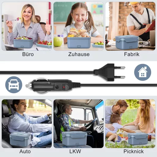 Herrfilk 100W Elektromos Ételhordó 3in1 - 12/24/220V Fűthető Ebéddoboz Evőeszközzel és Hőszigetelt Táskával, 1,8L Szivárgásmentes Autóba, Ka