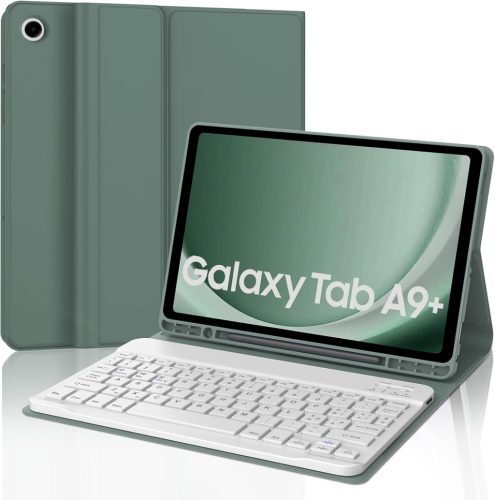 JADEMALL Bluetooth Billentyűzetes Tok Samsung Galaxy Tab A9+/A9 Plus 11" Tablethez, Tolltartóval, Sötétzöld-Fehér, SM-X210/X215/X216/X218 Mo
