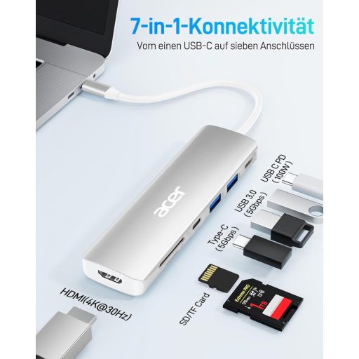 Acer 7 az 1-ben USB-C Hub HDMI 4K, 100W töltés, SD kártyaolvasó