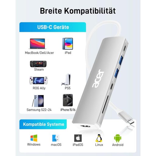 Acer 7 az 1-ben USB-C Hub HDMI 4K, 100W töltés, SD kártyaolvasó