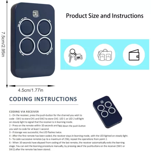 ZANPIERO Echo TX4 433.92 MHz Transmițător Radiofrecvență cu Patru Canale