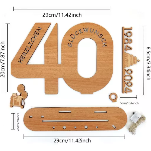 Intckwan Drvena knjiga gostiju s LED svjetlima - Držač novčanih poklona za 40. rođendan i godišnjicu, s godinama 1984-2024, dekoracija za stol