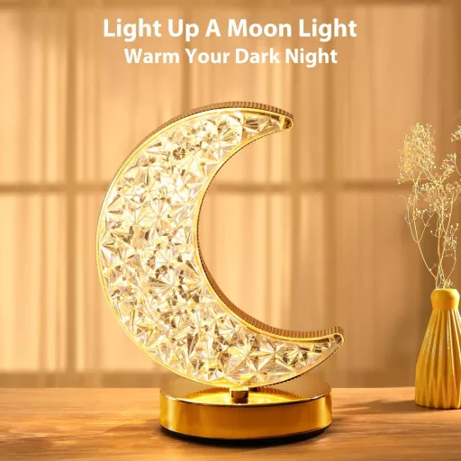Lampă de masă Semilună Lewondr - LED cu 3 culori, reglabilă continuu, lumină de noapte reîncărcabilă USB, lumină decorativă lună pentru dormitor, sufragerie
