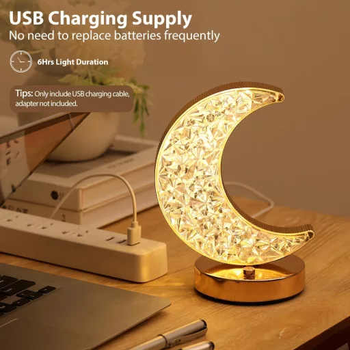 Lewondr Félhold Asztali Lámpa - 3 Színű Fokozatmentesen Szabályozható LED, USB-s Tölthető Éjjeli Fény, Dekoratív Holdvilág Hálószobába, Napp