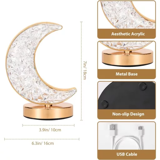 Lampă de masă Semilună Lewondr - LED cu 3 culori, reglabilă continuu, lumină de noapte reîncărcabilă USB, lumină decorativă lună pentru dormitor, sufragerie