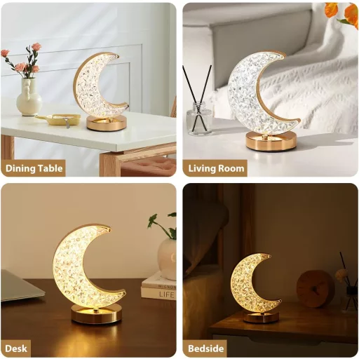 Lampă de masă Semilună Lewondr - LED cu 3 culori, reglabilă continuu, lumină de noapte reîncărcabilă USB, lumină decorativă lună pentru dormitor, sufragerie