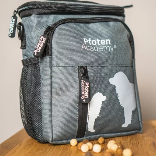 Geantă de recompense Pfoten Academy pentru dresaj canin cu dispenser de pungi și curea de umăr