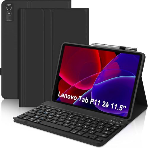 SENGBIRCH Bluetooth Billentyűzetes Tok Lenovo Tab P11 2 Gen 11.5" Tablethez - Levehető AZERTY Francia Billentyűzet, Védőtok, Fekete