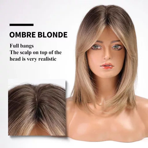 Pernucă blondă, lungime până la umeri, cu breton EMMOR - Pernucă sintetică termorezistentă pentru femei, cu efect ombre, aspect natural, confortabilă la purtat