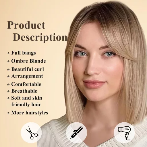 Pernucă blondă, lungime până la umeri, cu breton EMMOR - Pernucă sintetică termorezistentă pentru femei, cu efect ombre, aspect natural, confortabilă la purtat