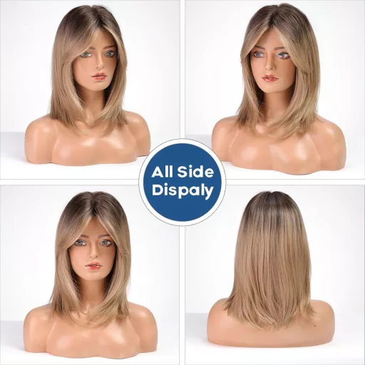 Pernucă blondă, lungime până la umeri, cu breton EMMOR - Pernucă sintetică termorezistentă pentru femei, cu efect ombre, aspect natural, confortabilă la purtat