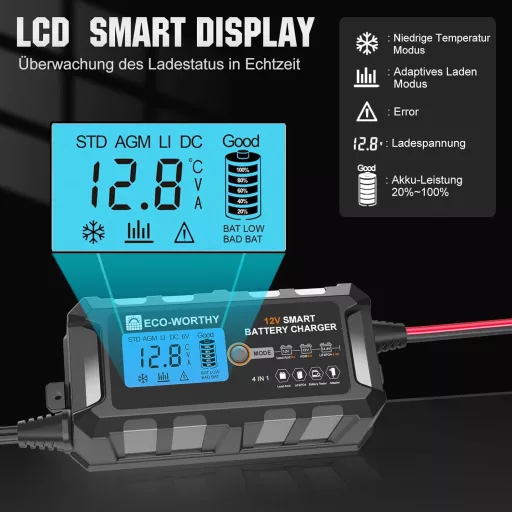 ECO-WORTHY 5A LiFePO4 Autó Akkumulátor Töltő 12V Lítium Akkuhoz