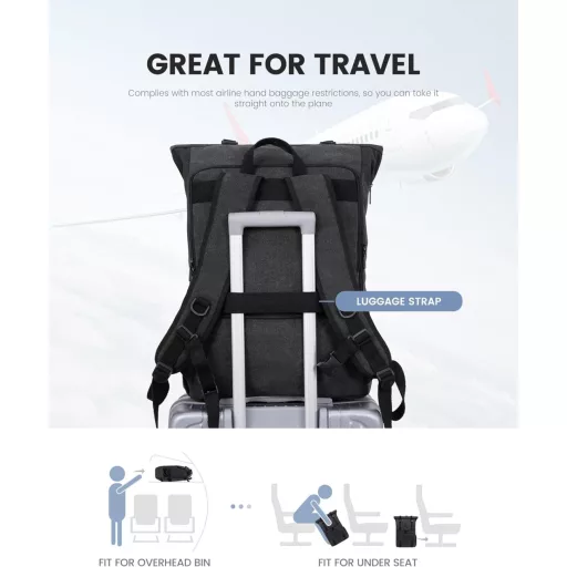 LOVEVOOK Rolltop Hátizsák 17.3" Laptop Vízálló Utazási Iskolai Munka Fekete Vászon