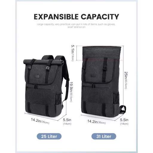 LOVEVOOK Rolltop Hátizsák 17.3" Laptop Vízálló Utazási Iskolai Munka Fekete Vászon