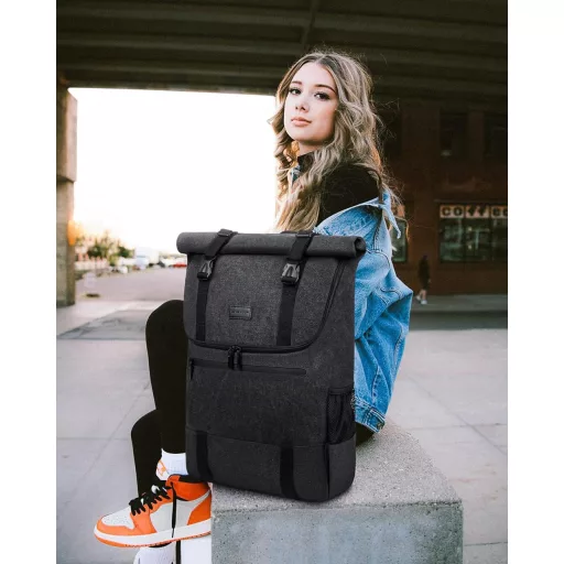 LOVEVOOK Rolltop Hátizsák 17.3" Laptop Vízálló Utazási Iskolai Munka Fekete Vászon