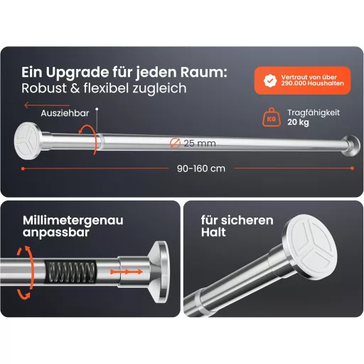 MEISENBERG Teleskopická sprchová tyč 90-160 cm, strieborná, bez vŕtania