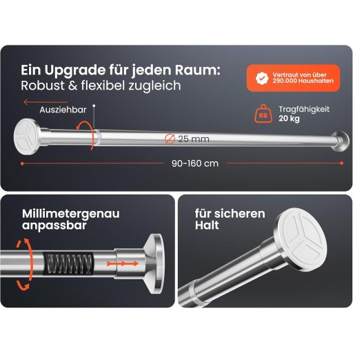 MEISENBERG Teleszkópos Zuhanyfüggöny Rúd 90-160 cm Ezüst, Fúrás Nélkül