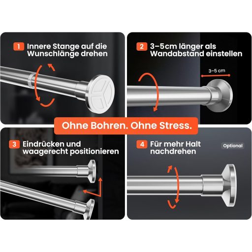 MEISENBERG Teleszkópos Zuhanyfüggöny Rúd 90-160 cm Ezüst, Fúrás Nélkül