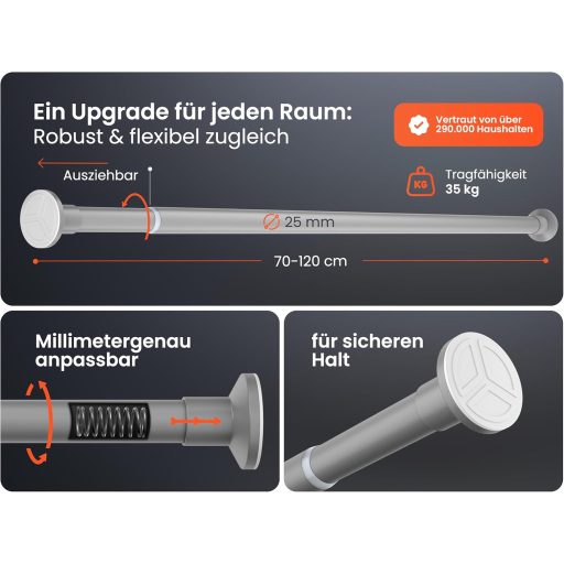 MEISENBERG Teleszkópos Függönyrúd 70-120 cm Szürke Fúrás Nélküli Zuhanyrúd