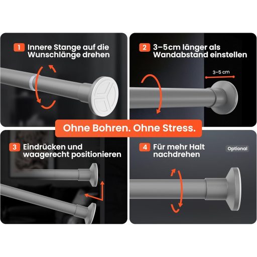 MEISENBERG Teleszkópos Függönyrúd 70-120 cm Szürke Fúrás Nélküli Zuhanyrúd