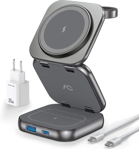 AC ISLAND 5 az 1-ben Összecsukható Töltőállomás Apple Watch és iPhone Készülékekhez, MagSafe Kompatibilis, iPhone 15/14/13/12, AirPods Pro/3