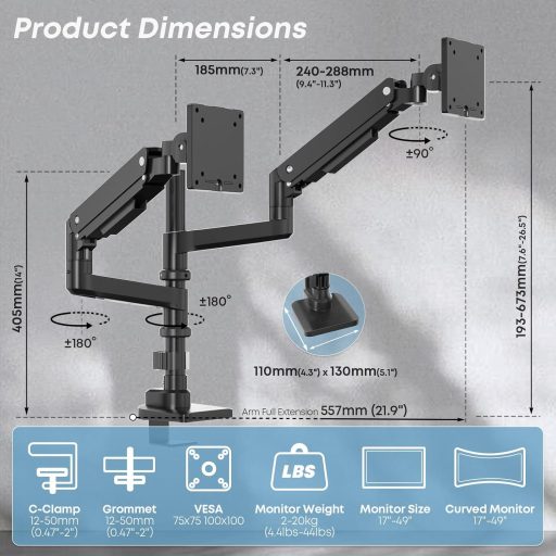 PUTORSEN Dual Monitor Tartó 17-49 Colos Képernyőhöz, Gázrugós Asztali Konzol, Magasságállítható Forgó Rögzítés
