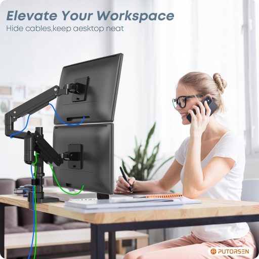PUTORSEN Dual Monitor Tartó 17-49 Colos Képernyőhöz, Gázrugós Asztali Konzol, Magasságállítható Forgó Rögzítés