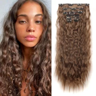  Extensii de păr cu clips Cybelleza - Set de 6 șuvițe ondulate, 50 cm, șaten închis și șaten roșcat, păr sintetic mătăsos pentru volum