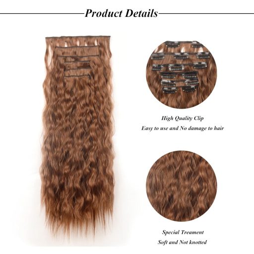 Extensii de păr cu clips Cybelleza - Set de 6 șuvițe ondulate, 50 cm, șaten închis și șaten roșcat, păr sintetic mătăsos pentru volum