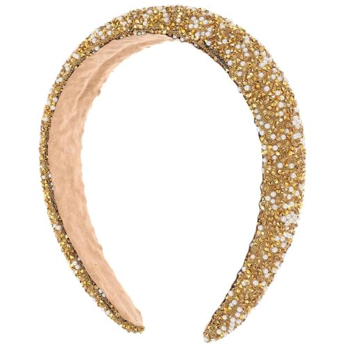 Ruzister Bandă de păr pentru femei cu perle și strasuri - Diademă lată pentru nuntă, petreceri - Accesoriu de păr elegant, culoarea șampaniei, cadou