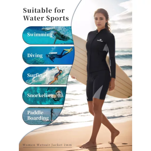 Owntop Neoprén Wetsuit Felső Férfi Női 2mm Hosszú Ujjú Elülső Zippes - L, Women's Grey