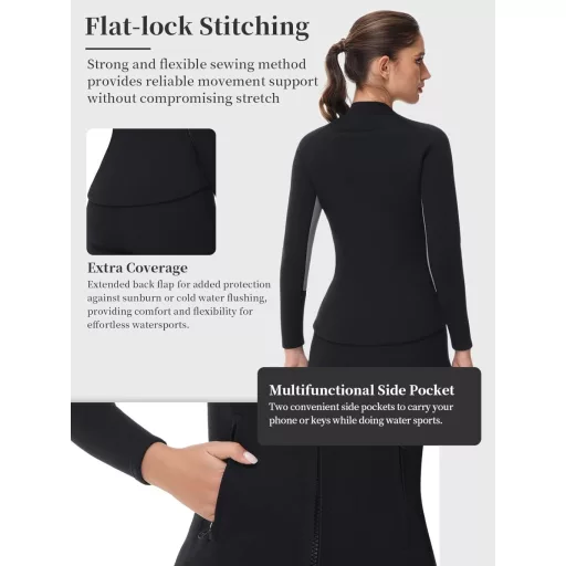 Owntop Neoprén Wetsuit Felső Férfi Női 2mm Hosszú Ujjú Elülső Zippes