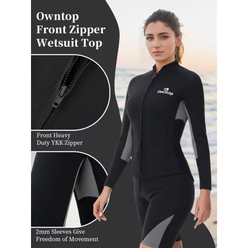 Owntop Neoprén Wetsuit Felső Férfi Női 2mm Hosszú Ujjú Elülső Zippes
