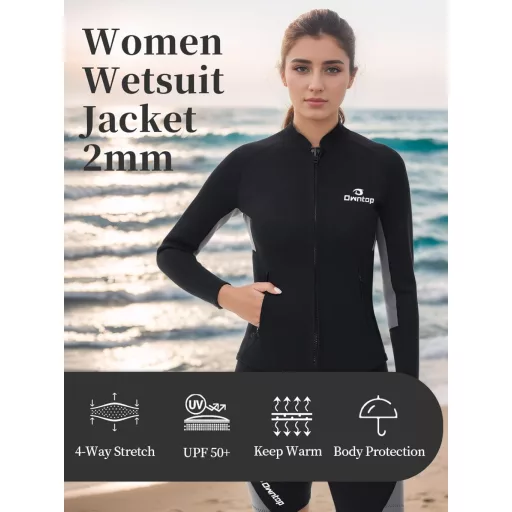 Owntop Neoprén Wetsuit Felső Férfi Női 2mm Hosszú Ujjú Elülső Zippes