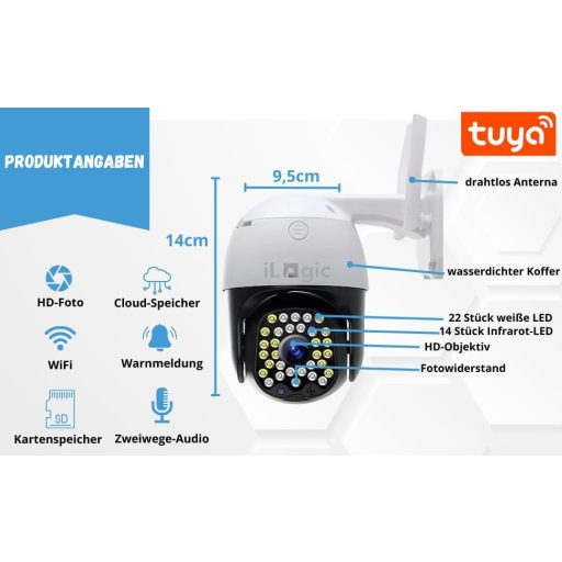 iLogic Kültéri WiFi Biztonsági Kamera - 360° PTZ, 3MP Felbontás, 4x Zoom, Vízálló, Éjjellátó, TUYA/Smart Life Kompatibilis, Mozgásérzékelés
