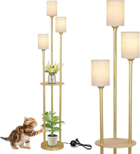 Lampadar Rayofly Auriu cu Raft - Lampă Industrială Vintage de 168 cm Înălțime cu 3 Becuri, Abajur din In și Comutator cu Picior pentru Living, Dormitor