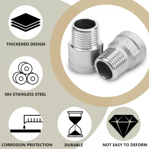 Bwintech 2 buc. Adaptor din oțel inoxidabil cu filet BSP 3/4" - Racord reductor hexagonal pentru conducte de gaz și lichide