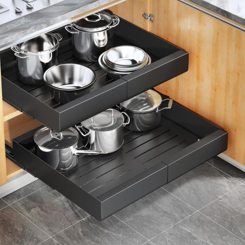Sertar Telescopic Kitstorack - Raft Extensibil pentru Dulapuri de Bucătărie cu Lățime de 30-50 cm, Adâncime de 43 cm, Metal Negru, Fără Găurire
