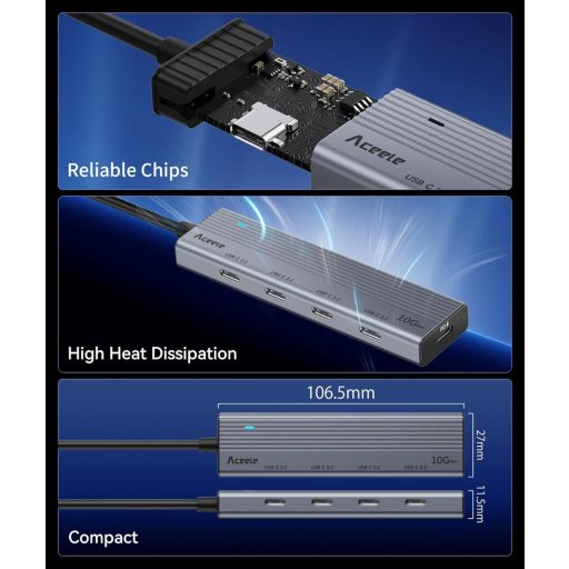 Aceele USB-C Hub 10Gbps 4 Port 100W tápellátás MacBook Pro/Air iPad Pro laptophoz