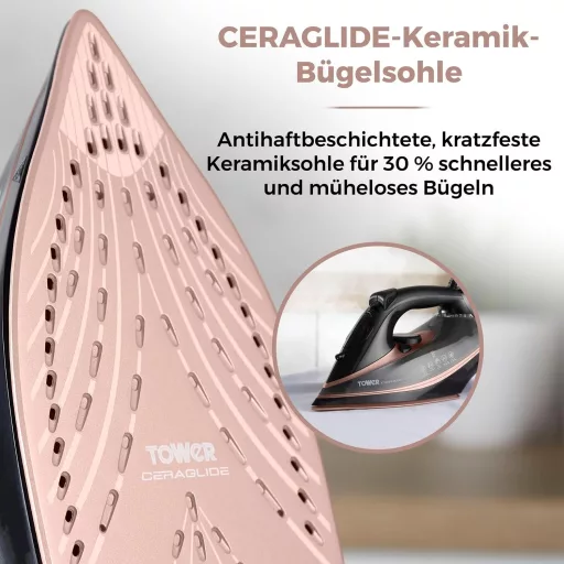 Fier de călcat cu abur TOWER CeraGlide, talpă ceramică, 3100W, auriu roz