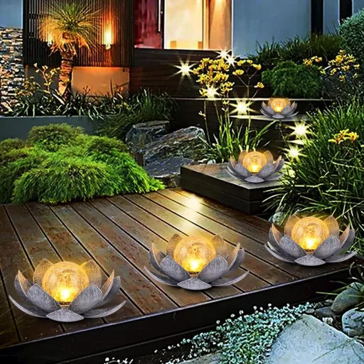 Lampă solară de grădină Lotus LED - Floare decorativă de lotus metalică cu glob de sticlă crăpată